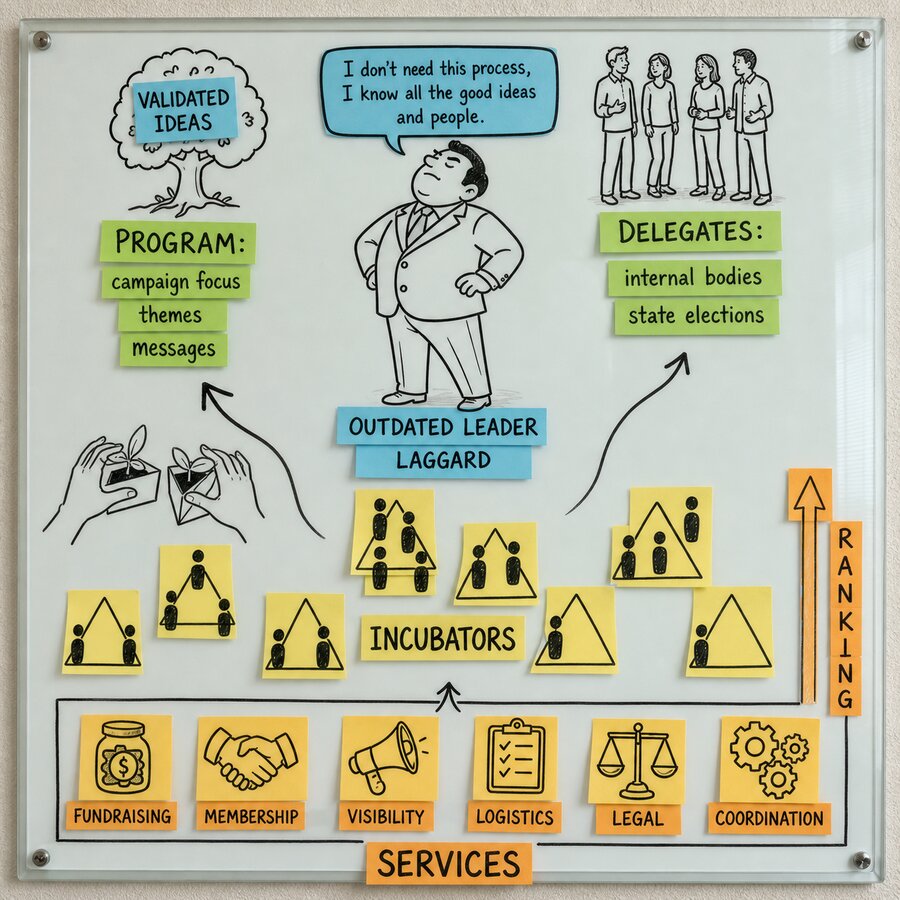 The incubator organization model showing the full flow from services through ranked incubators to program and delegates, with the outdated leader figure failing to bypass the ranking system.