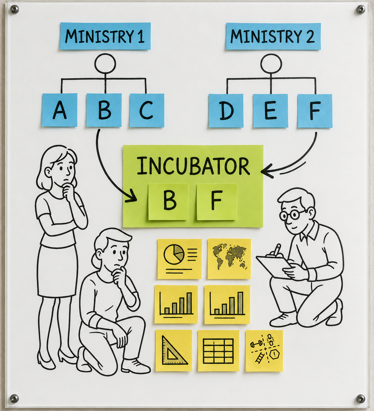 Diagram showing that complex social problems require coordinated input from multiple disciplines simultaneously, not siloed single-committee treatment.